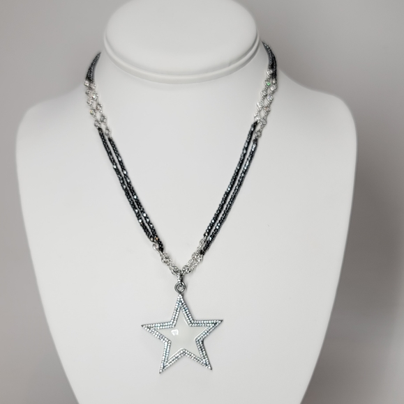 White Enamel Star Pave CZ long Hematite Necklace - Picture 4 of 11